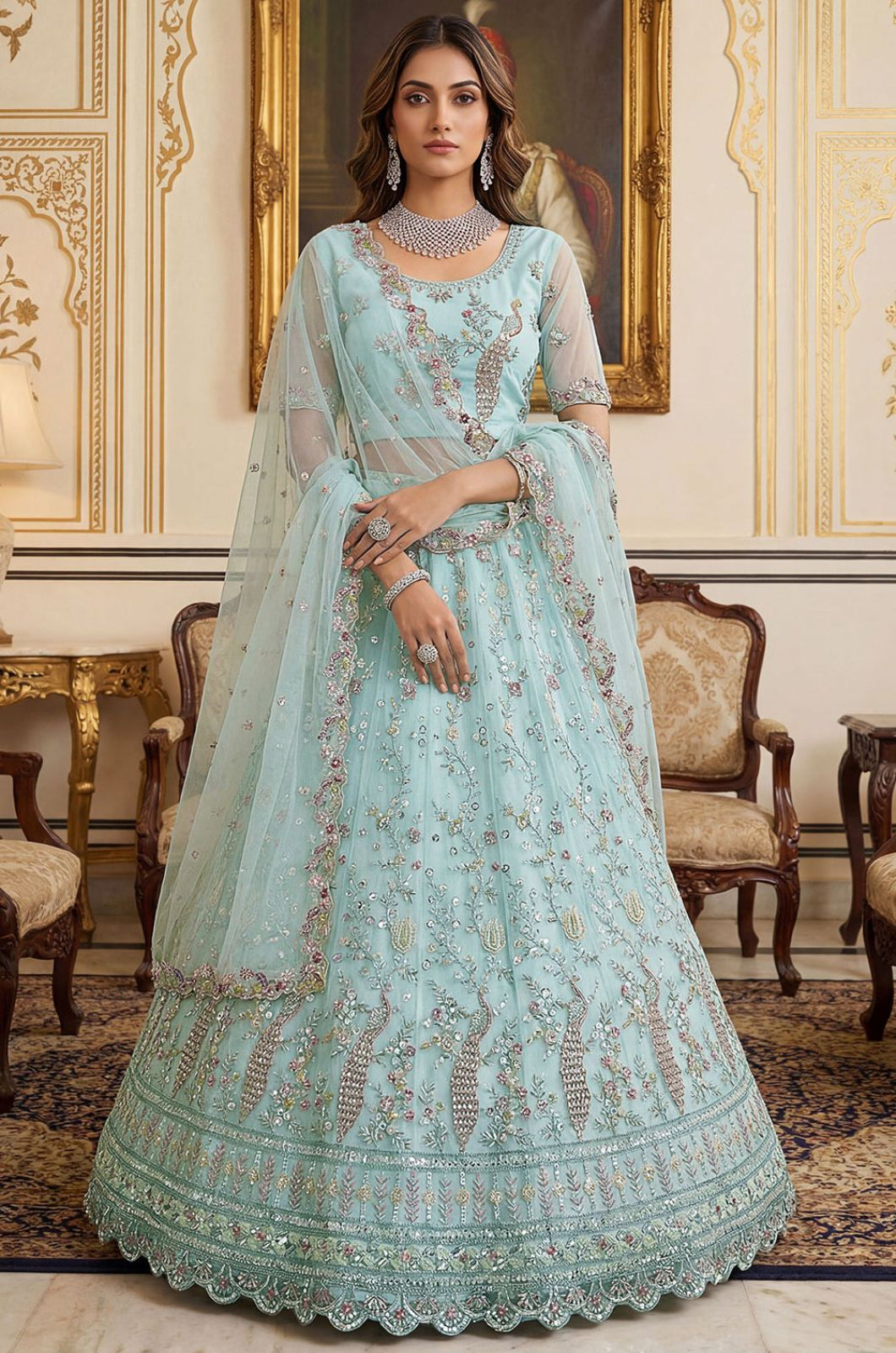 Blue Net Lehenga Choli - SFANJ3267