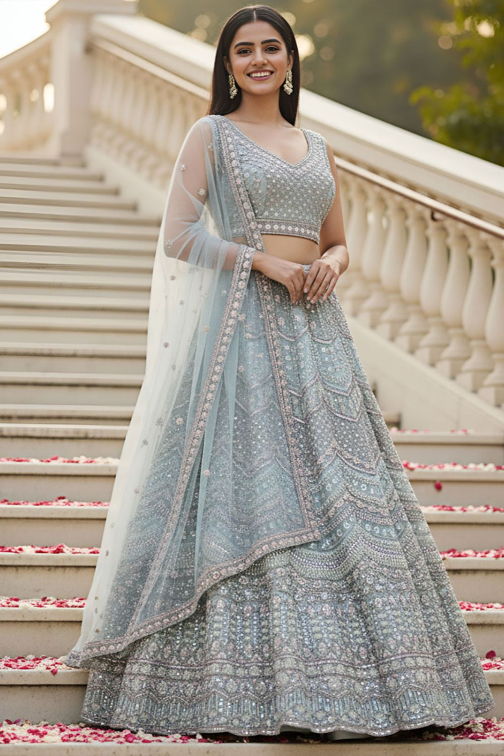 Blue Bridal Engagement Net Lehenga Choli SFANJ3202