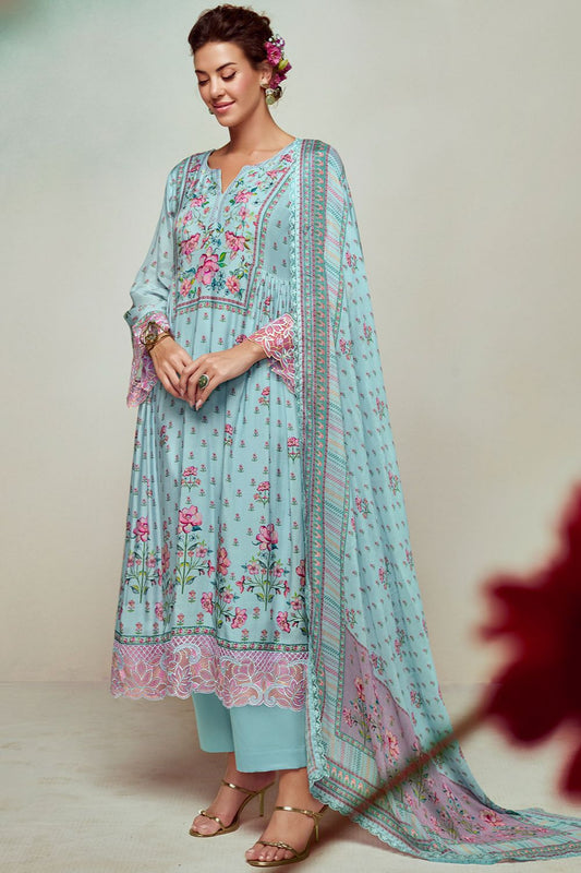 Blue Plus Size Embroidered Pure Muslin Salwar Kameez SFYS155205