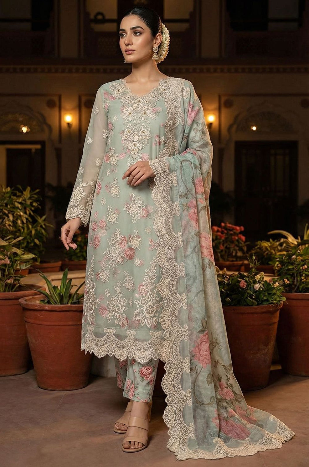 Grey Chiffon Salwar Kameez - SFEDC26505