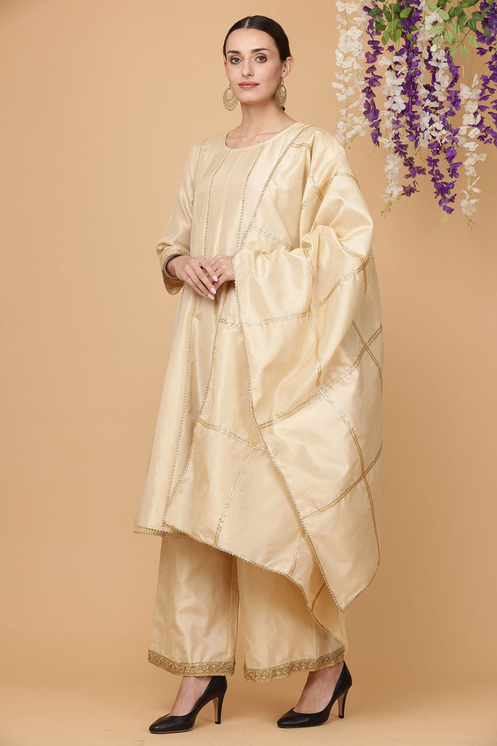 Beige Heritage Silk Salwar Kameez With Gota Work SFJBNF1804R