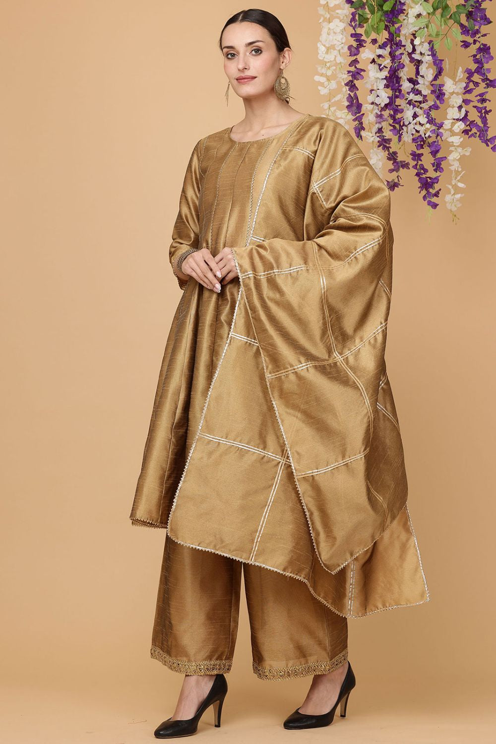 Beige Heritage Silk Salwar Kameez With Gota Work SFJBNF1805R