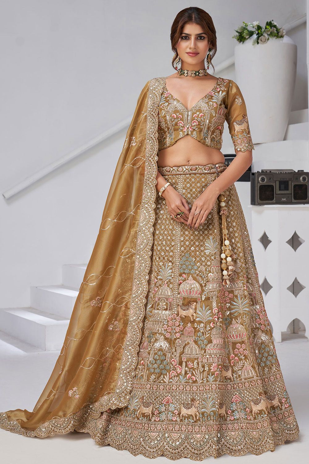 Brown Organza Lehenga Choli - SFRELS6524