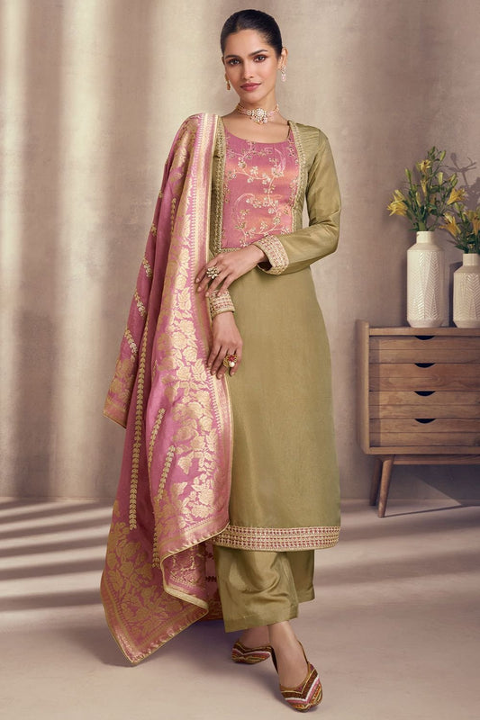 Beige Sangeet Salwar Kameez In Shimmer Silk SFSMT40901R