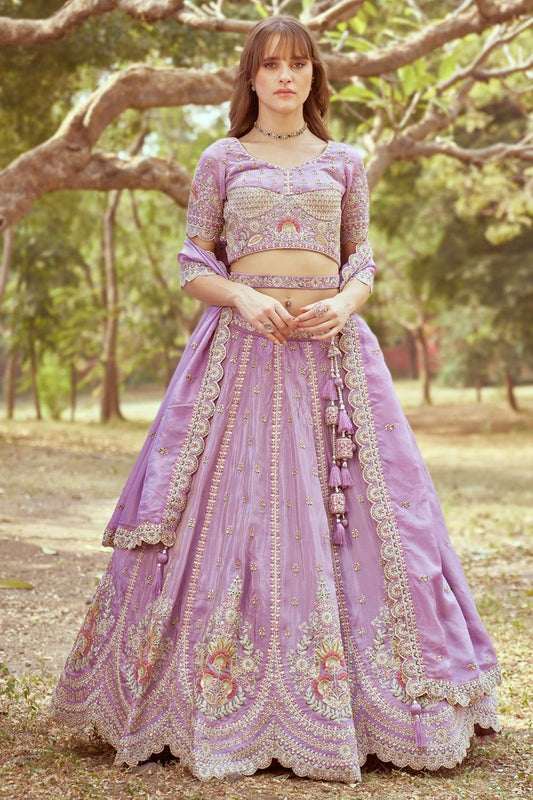 Purple Wedding Reception Tissue Silk Lehenga Choli SFROY522476