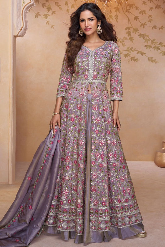 Grey Silk Wedding Reception Anarkali GownSFYS160403R