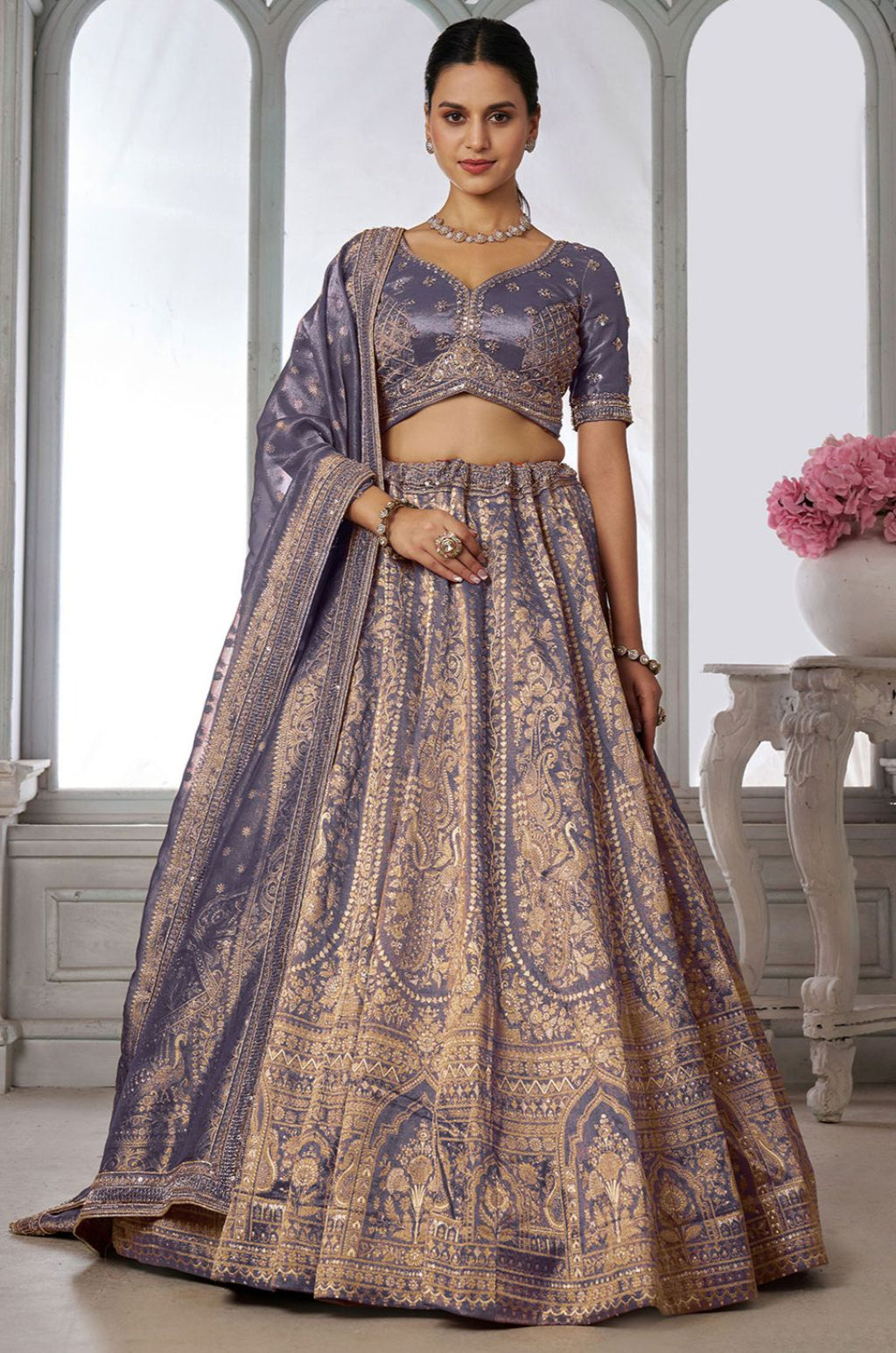Purple Kanjivaram Lehenga Choli - SFPRF280004