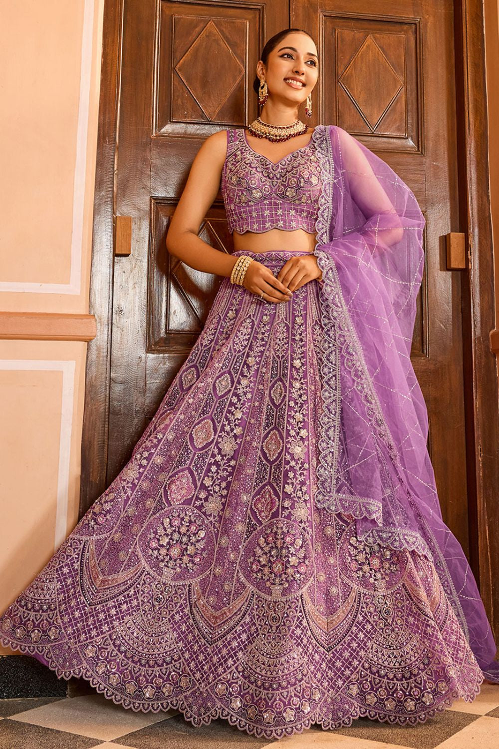 Purple Net Wedding Sangeet Lehenga Choli  SFPRF265612