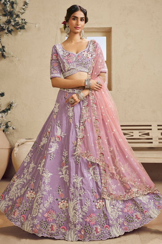 Purple Satin Lehenga Choli - SFROY553906