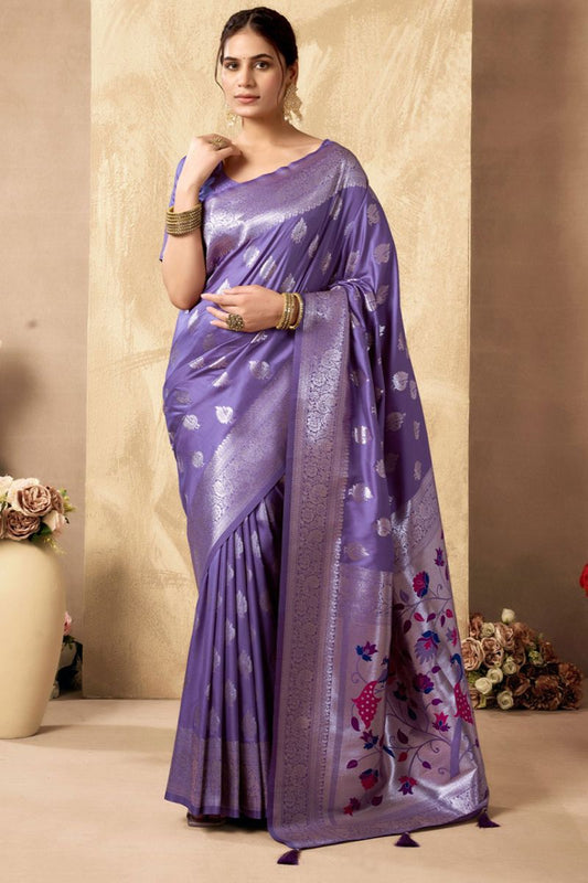 Purple Silk Peacock Print Pallu Saree With Blouse  SFSA501904