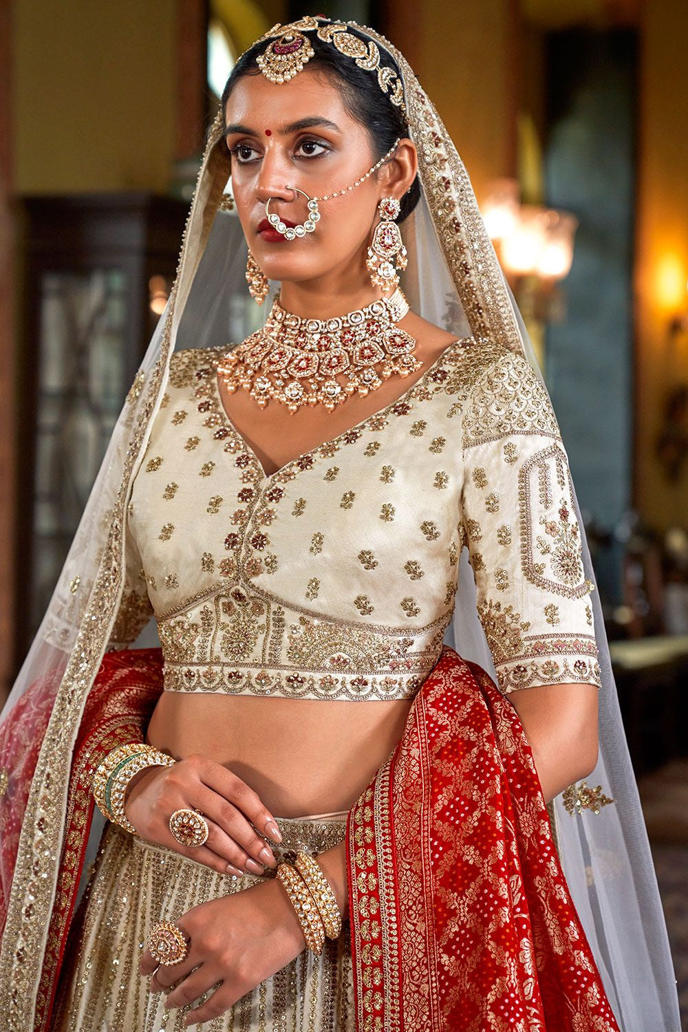 White Heavy Bridal Silk Lehenga Choli Set SFSJDN34001