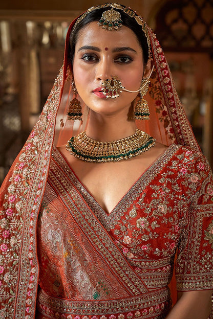 Orange Heavy Bridal Silk Lehenga Choli Set  SFSJDN34006