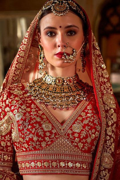 Red Subtly Opulent  Bridal Silk Lehenga Choli  SFSJDN34108