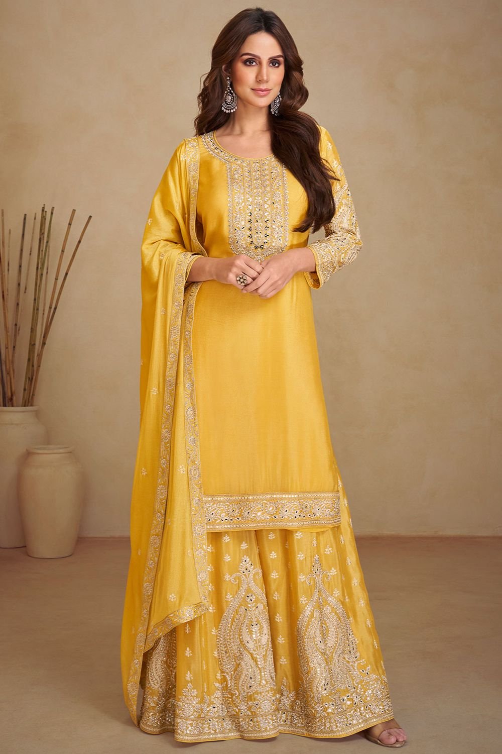 Yellow Polished  Chinnon Salwar Kameez  SFYS143402R
