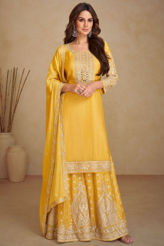 Yellow Polished  Chinnon Salwar Kameez  SFYS143402R