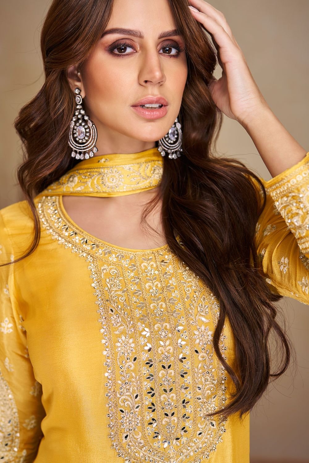 Yellow Polished  Chinnon Salwar Kameez  SFYS143402R