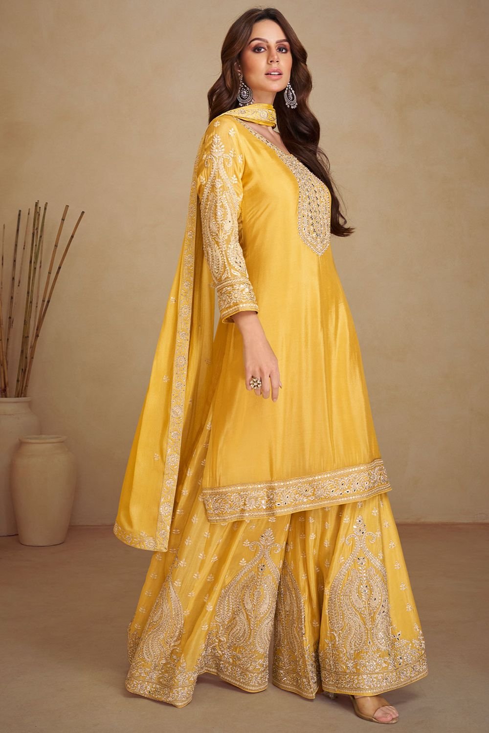 Yellow Polished  Chinnon Salwar Kameez  SFYS143402R