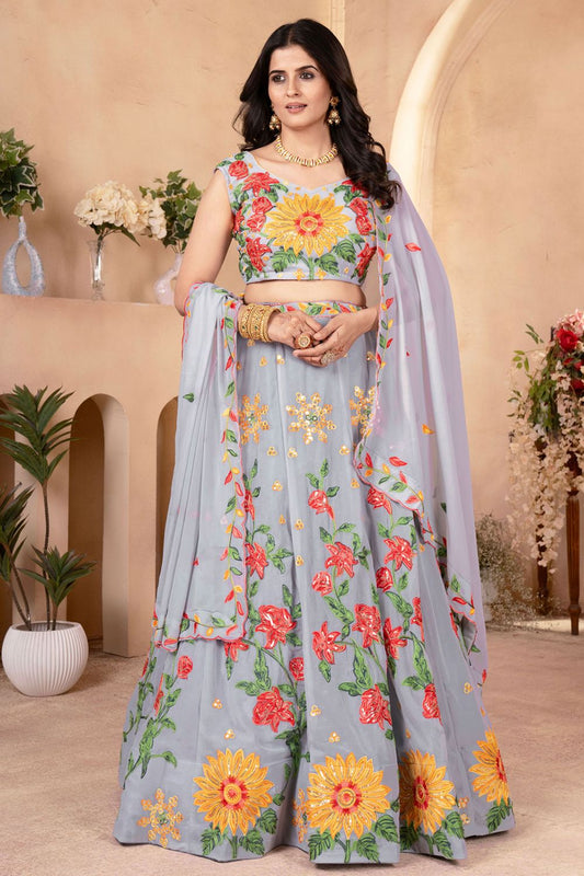 Grey Georgette Lehenga Choli With Zari And Resham Work SFRELS3808