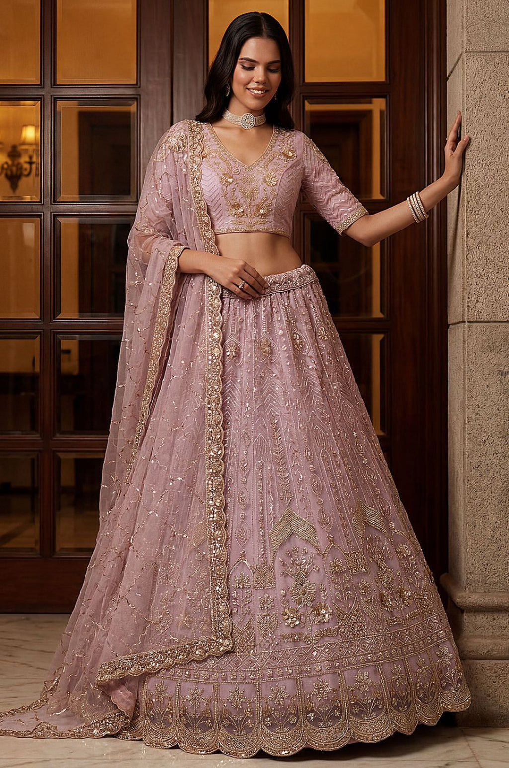 Pink Net Lehenga Choli - SFANJ3374