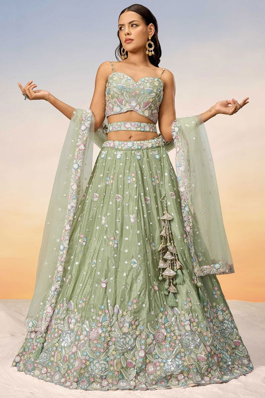 Green Engagement Chiffon Wedding Lehenga Choli SFROY522425