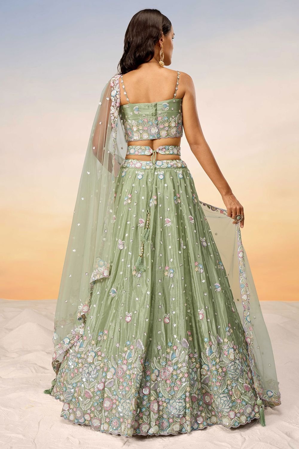 Green Engagement Chiffon Wedding Lehenga Choli SFROY522425