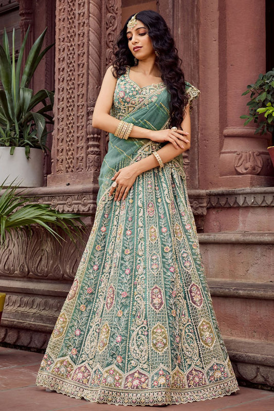 Green Net Wedding Sangeet Lehenga Choli SFPRF265601
