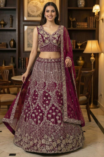 Magenta Net Luminous Wedding Reception Lehenga Choli SFANJ3231