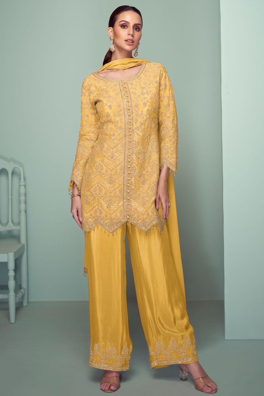 Yellow Evening Chinnon Salwar Kameez Palazzo Suit SFYS154303R