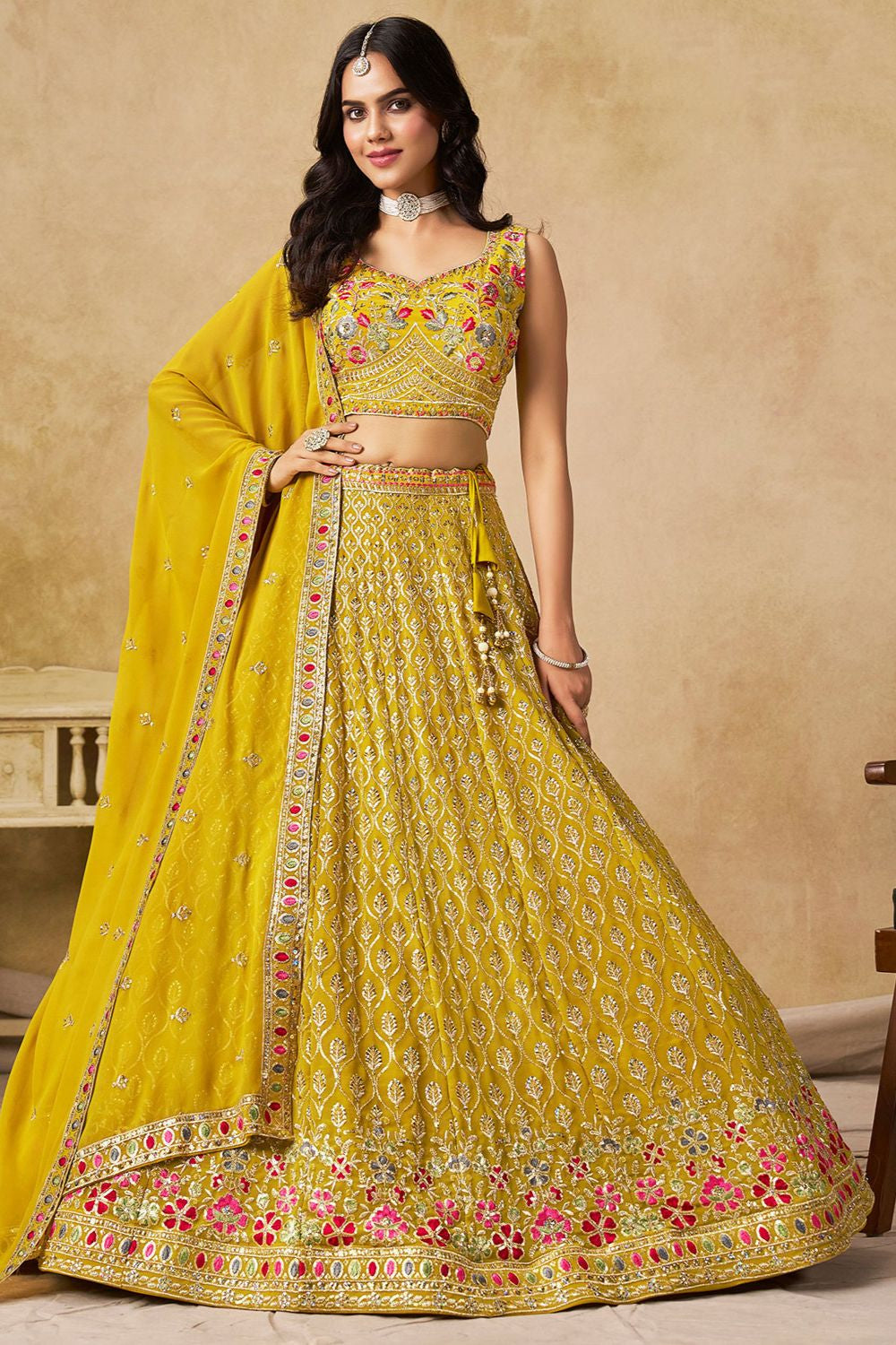Yellow Georgette Sangeet Party Lehenga Choli  SFZC5405