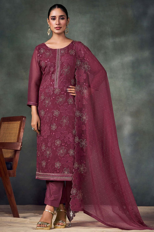 Maroon Chiffon Plus Size Salwar Kameez Swarovski Work SFVPL30106