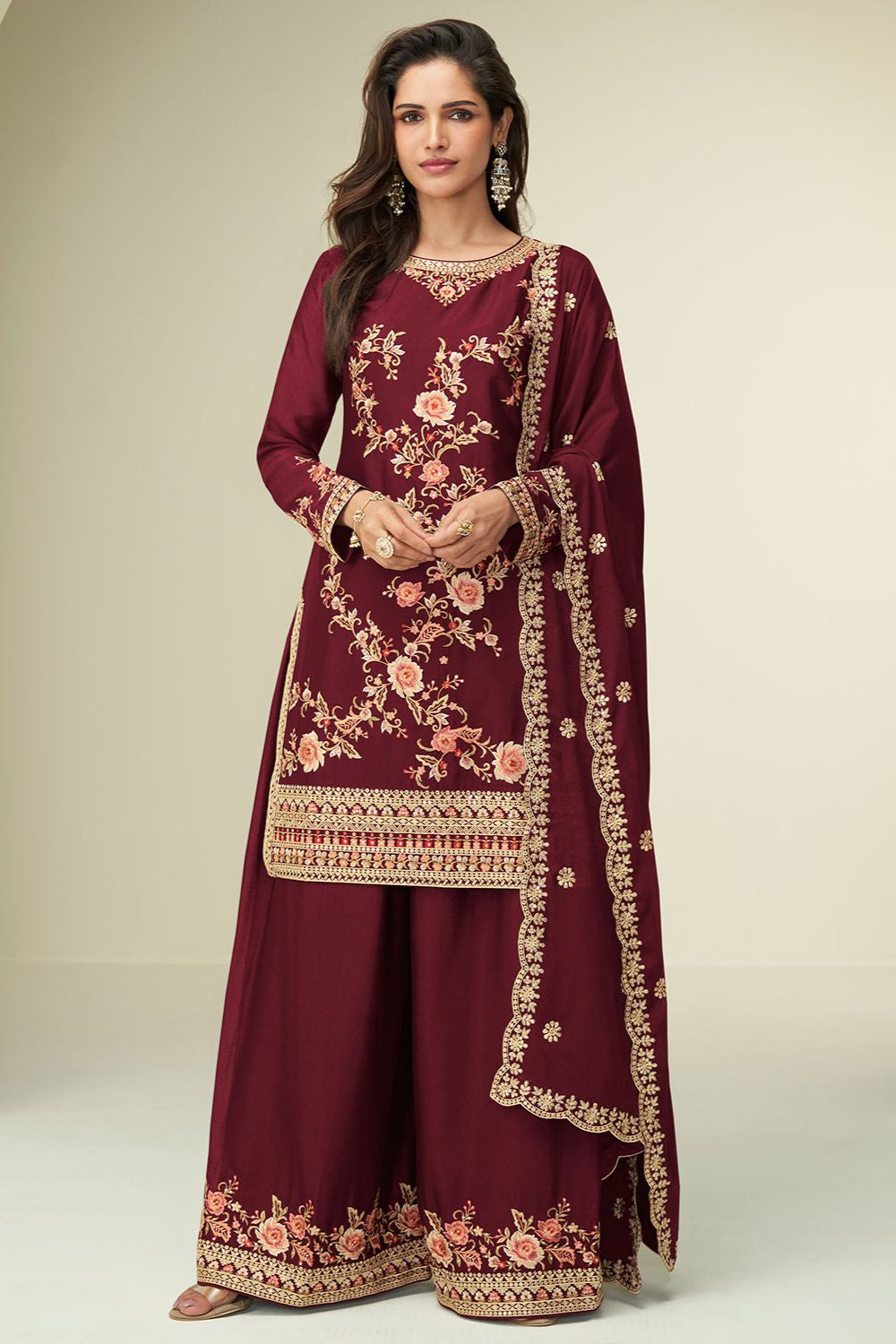 Maroon Silk  Sangeet Palazzo Suit Ready To Wear  SFSMT51004R