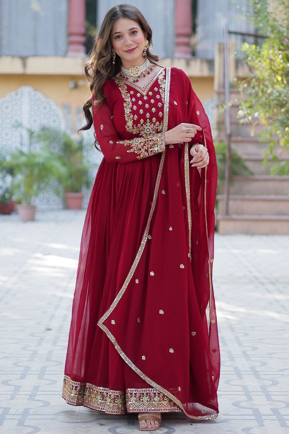 Maroon  Georgette Anarkali Gown With Sequin Work  SFNPV57901R