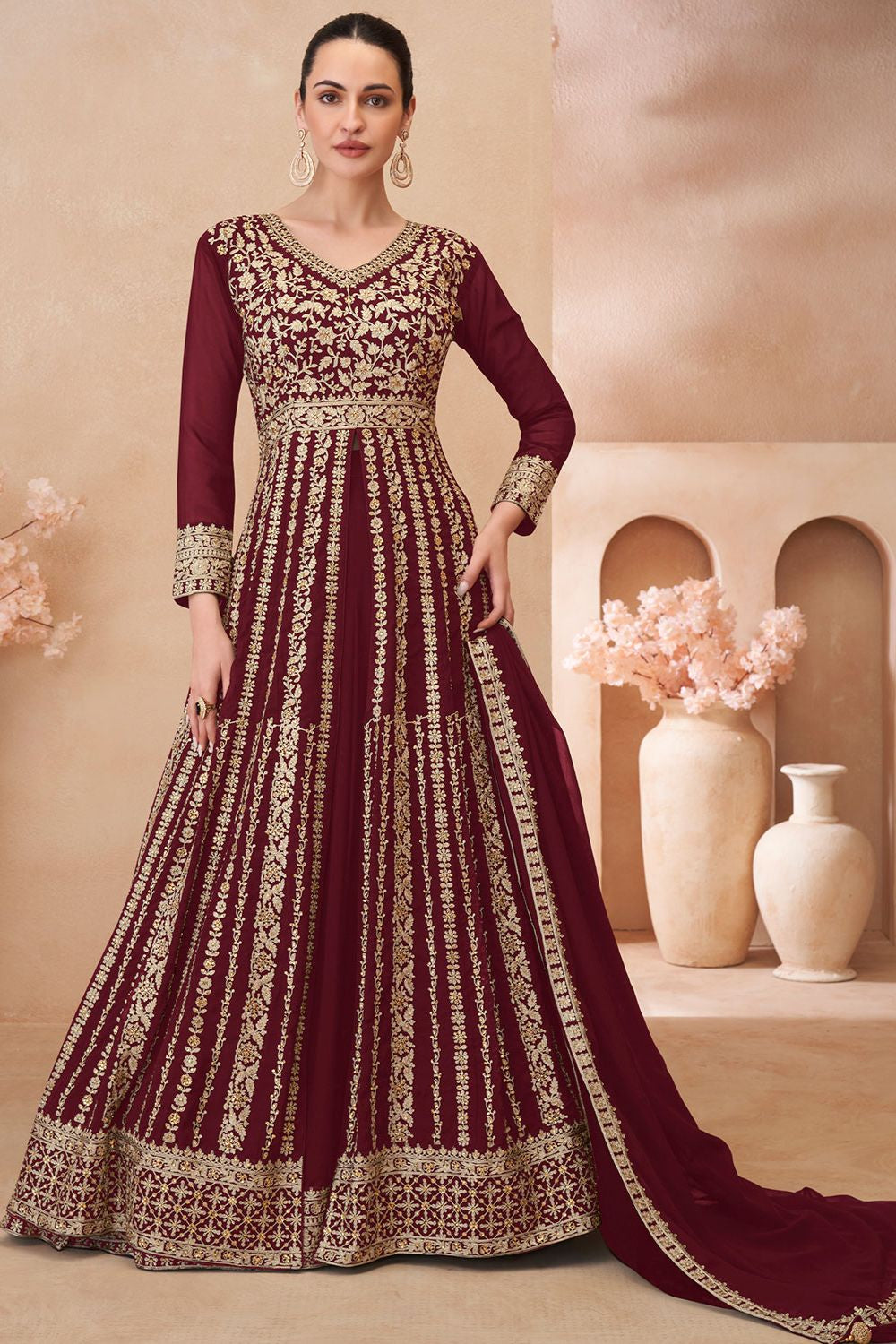 Maroon Wedding Sangeet Anarkali Lehenga Suit In Georgette SFSMT40803