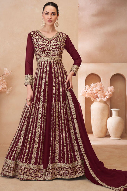 Maroon Wedding Sangeet Anarkali Lehenga Suit In Georgette SFSMT40803