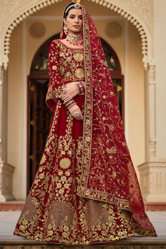 Maroon Red Velvet Bridal Lehenga Choli Stone Work SFSA484601
