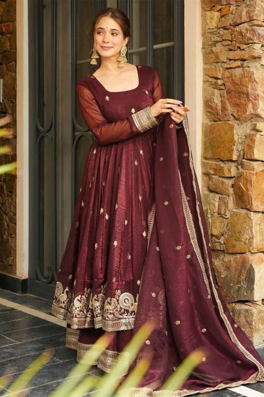 Captivating Maroon Heavy Silk Salwar Kameez Heavy Sequins SFROY544501R
