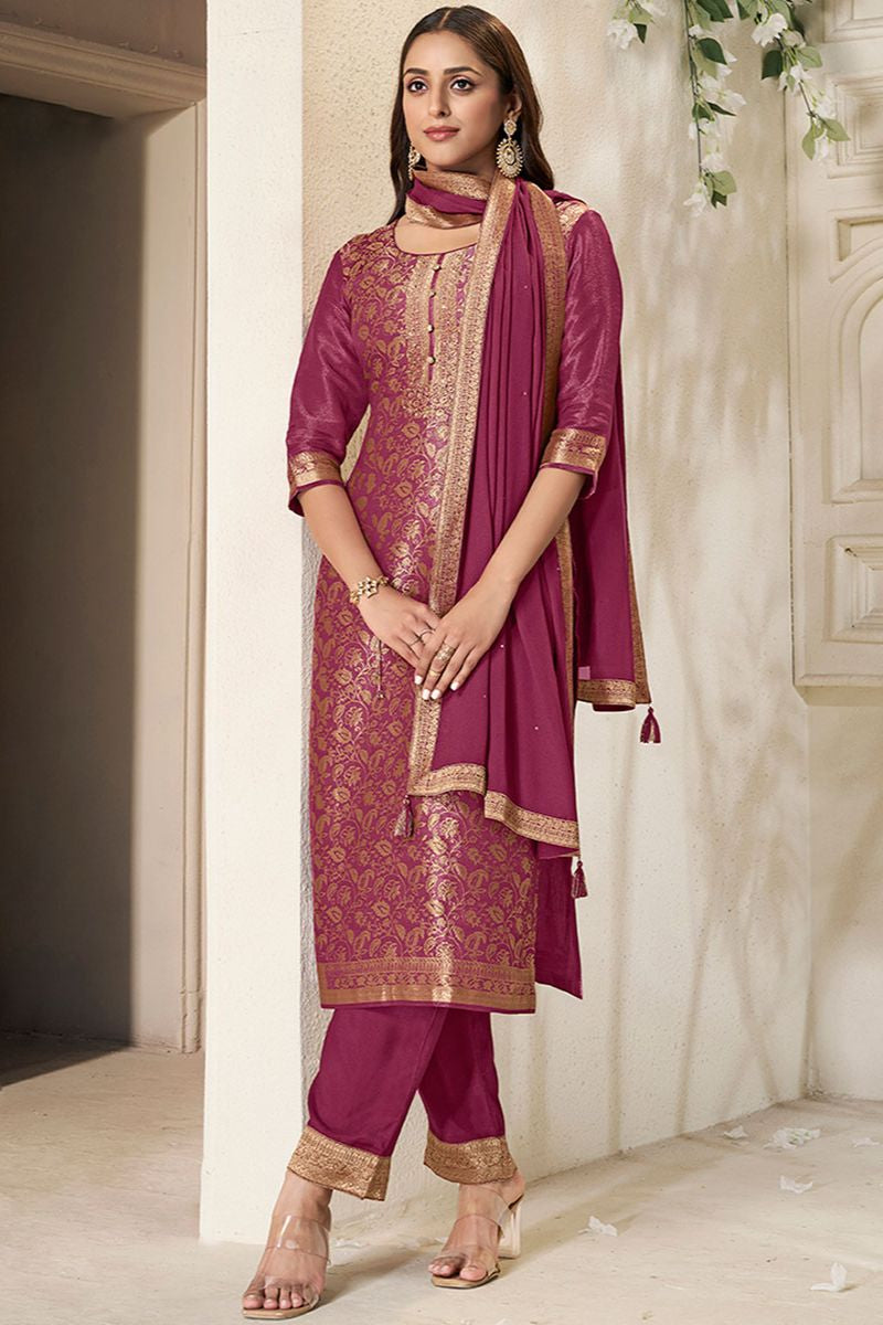 Maroon Sangeet Jacquard Silk Salwar Kameez SFVNF1803R