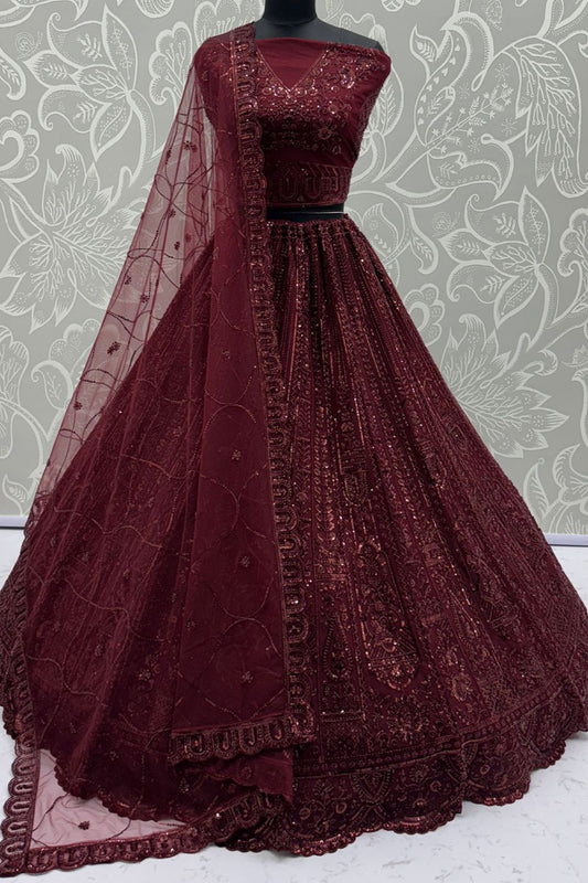 Maroon Bridal Net Lehenga Choli - SFANJ3135