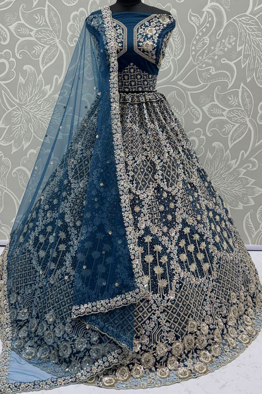 Blue Net Wedding Reception Lehenga Choli SFANJ3140n