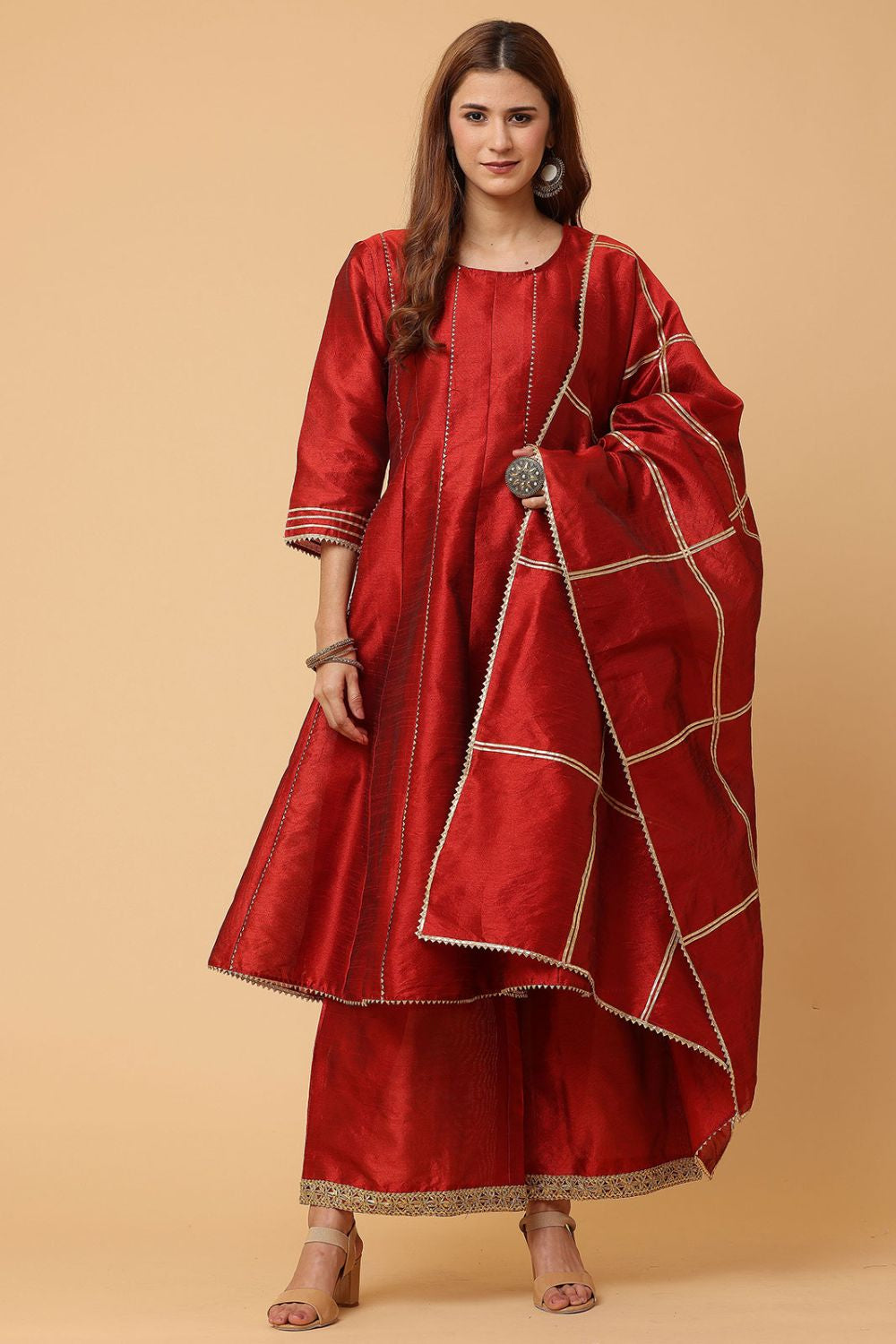 Maroon Heritage Silk Salwar Kameez With Gota Work SFJBNF1807R