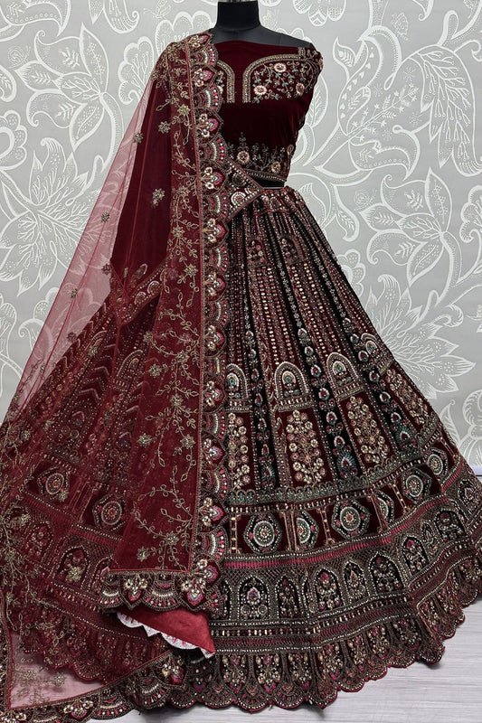 Maroon Velvet Bridal Lehenga Choli Diamante Mirror work SFANJ3052