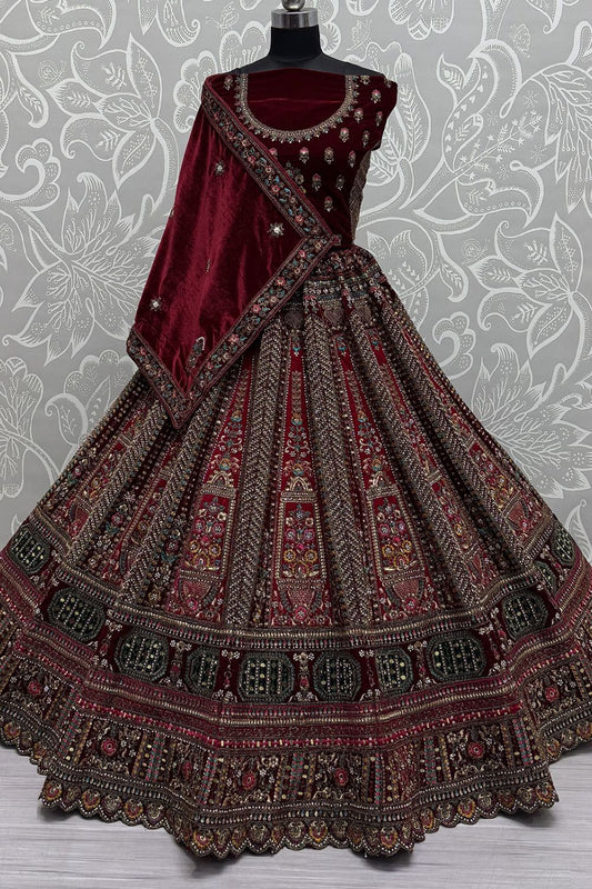 Maroon Velvet Bridal Lehenga Choli Diamante Mirror work SFANJ3054