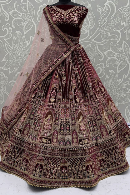 Maroon Heavy Bridal Velvet Lehenga Choli - SFANJ3139