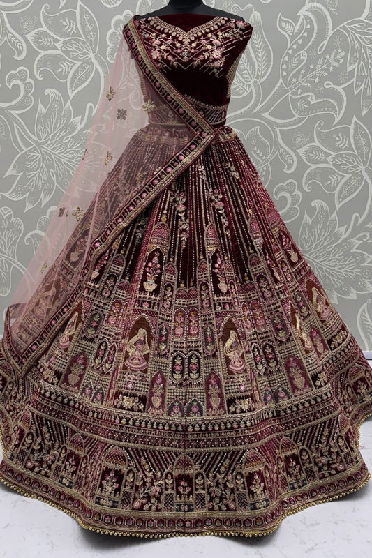 Maroon Heavy Bridal Velvet Lehenga Choli - SFANJ3139