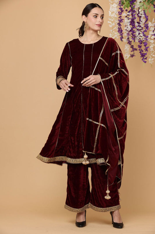 Maroon Velvet Readymade Palazzo Salwar Kameez Suit SFJBNF1812R