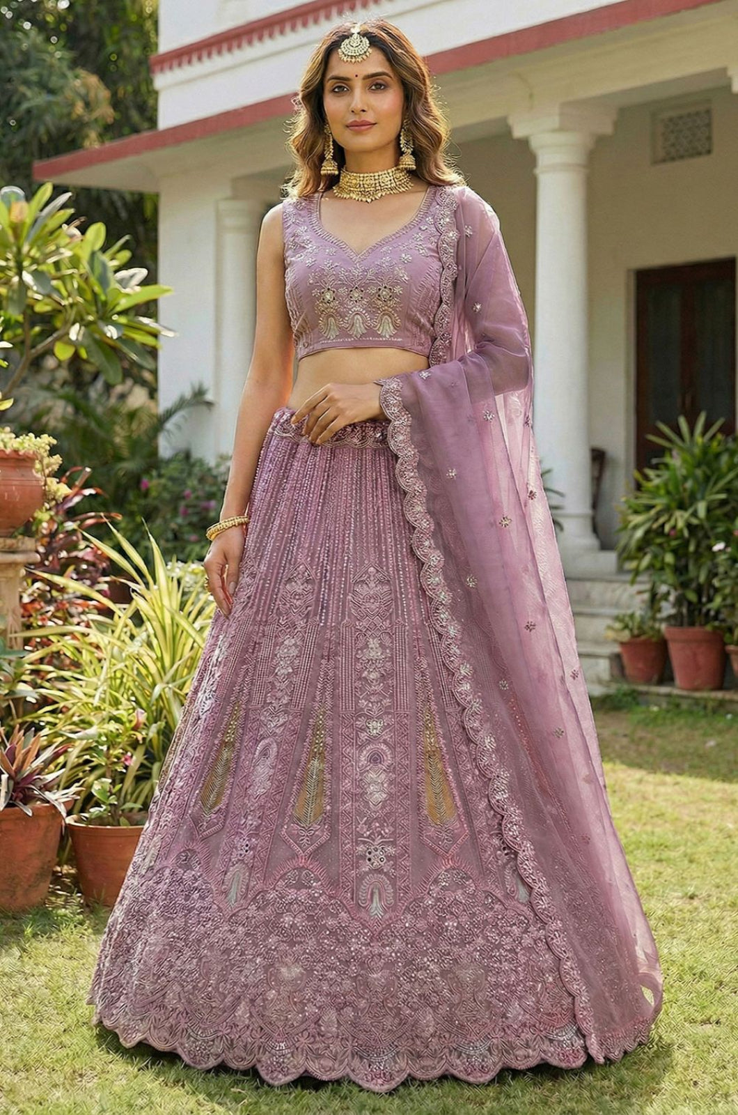 Purple Luminous Net Wedding Reception Lehenga Choli SFANJ3236
