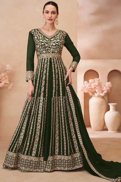 Green Wedding Sangeet Anarkali Lehenga Suit In Georgette SFSMT40802