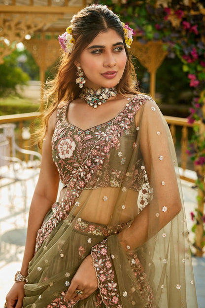 Green Satin Wedding Reception Lehenga Choli SFFK28701