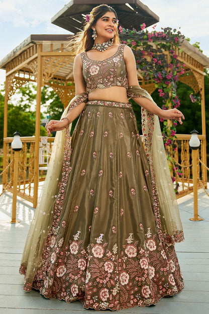Green Satin Wedding Reception Lehenga Choli SFFK28701