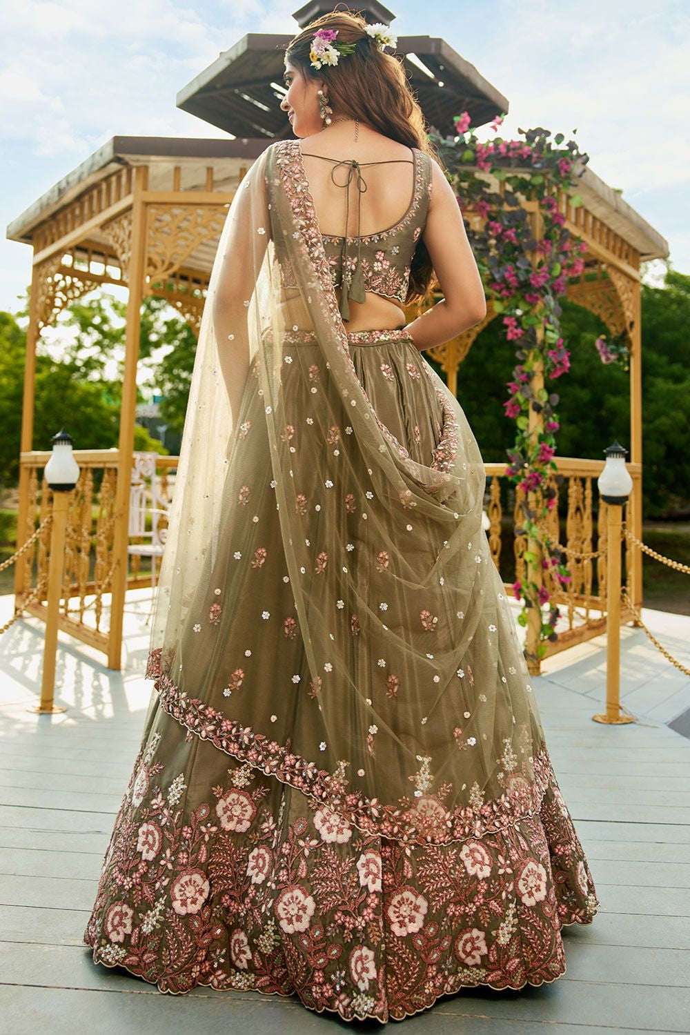 Green Satin Wedding Reception Lehenga Choli SFFK28701